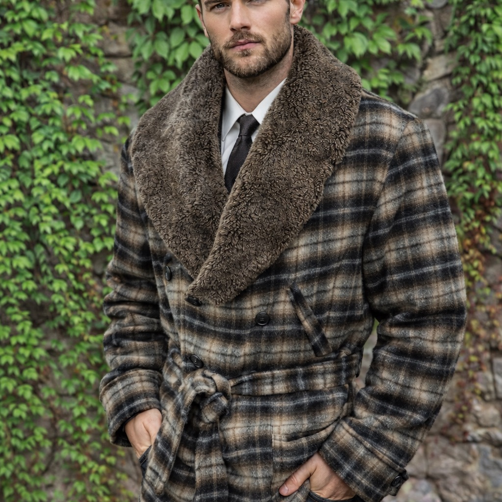 Vintage Dkny Men's Wool Plaid Architectural Shearling Collar Peacoat, S